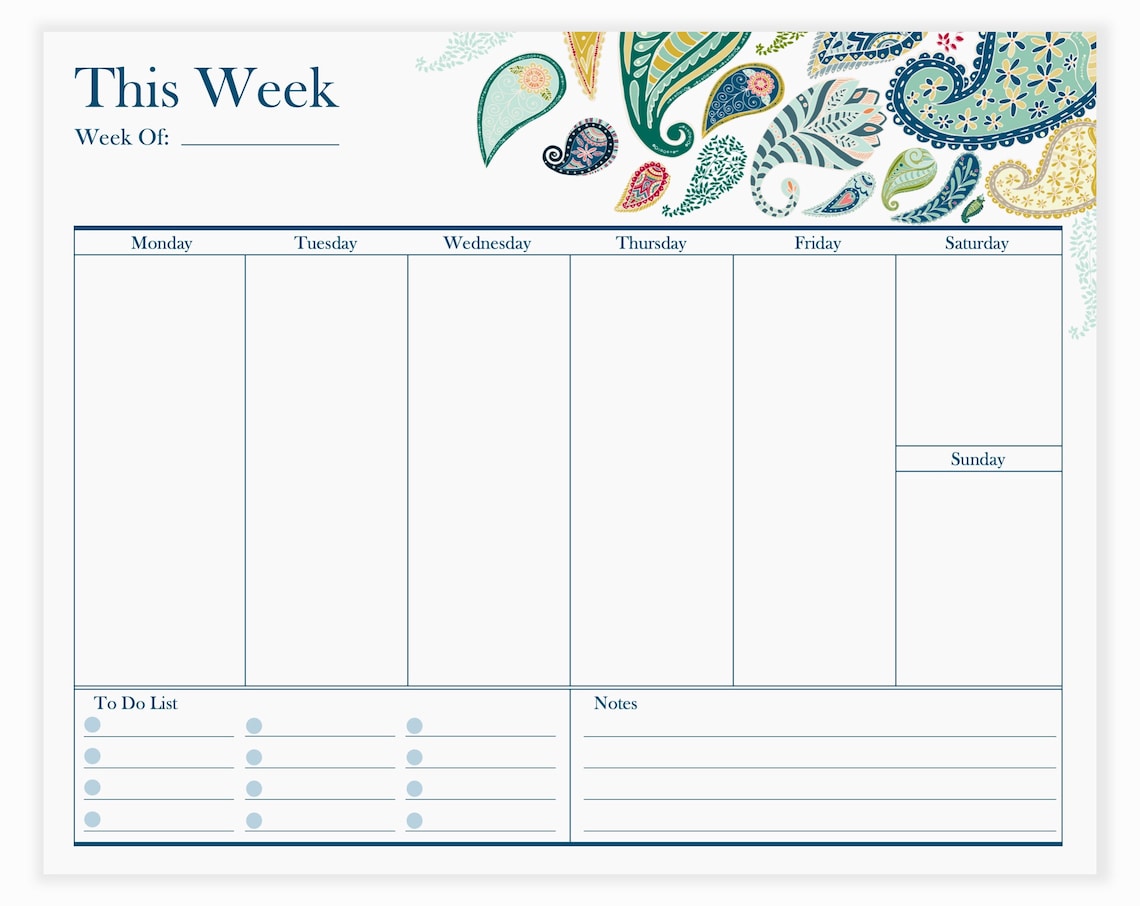 Weekly Planner Pad Paisley Weekly Desktop Planner Student Planner