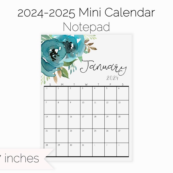 Floral 2024 Calendar Mini Desk Calendar | Magnetic 5x7 Calendar Notepad | Blue Floral Calendar 2024 | Small Desk Watercolor Flower Calendar