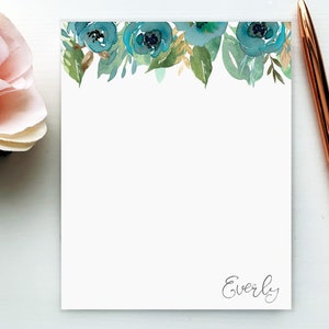 Blue Floral Personalized Notepad | Blue Flowers Custom Notepad | Personalized Notepad Teacher | Custom Notepad Floral Handwritten Name Font