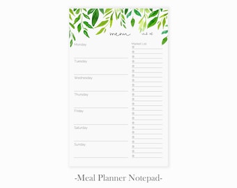 Weekly Meal Planner Notepad | Simple Green Leaves Menu Planner Pad with Grocery Shopping List | Meal Planning Notepad | Meal Planning Book