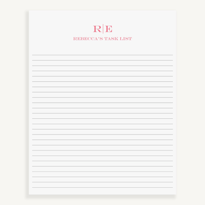 May include: A white notepad with black lines and the text "RE | REBECCA'S TASK LIST" at the top.