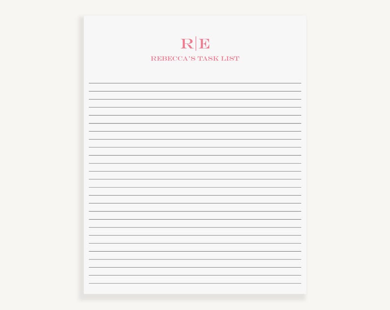 May include: A white notepad with black lines and the text "RE | REBECCA'S TASK LIST" at the top.
