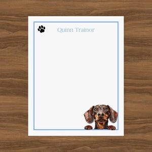 以下が含まれることがあります： 薄い青色のボーダーと「Quinn Trainor」という名前が薄い青色で書かれた白い文房具。黒い足跡が左上にあります。ダックスフント犬のイラストが下にあります。