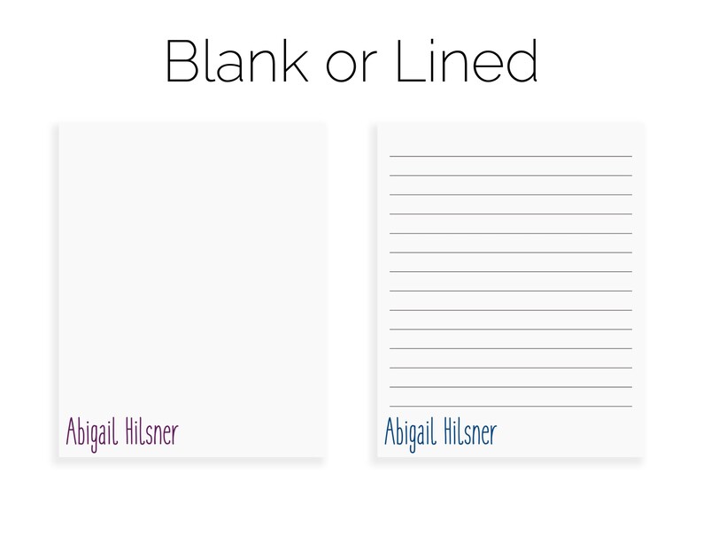 May include: Two white notepads, one blank and one with lined paper. Both notepads have the name "Abigail Hilsner" printed at the bottom.
