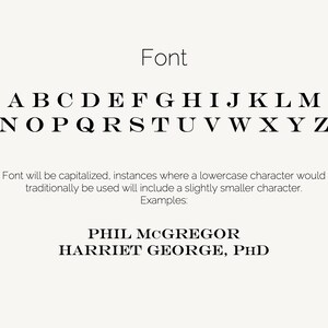 May include: Font style guide with the alphabet in uppercase letters. The text states that the font will be capitalized and instances where a lowercase character would traditionally be used will include a slightly smaller character. Examples: PHIL MCGREGOR HARRIET GEORGE, PHD