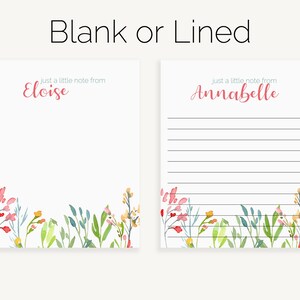 Puede incluir: Dos tarjetas de notas en blanco con bordes florales. La tarjeta de la izquierda est&aacute; en blanco. La tarjeta de la derecha tiene l&iacute;neas para escribir. El texto "just a little note from Eloise" est&aacute; en la parte superior de la tarjeta de la izquierda. El texto "just a little note from Annabelle" est&aacute; en la parte superior de la tarjeta de la derecha.