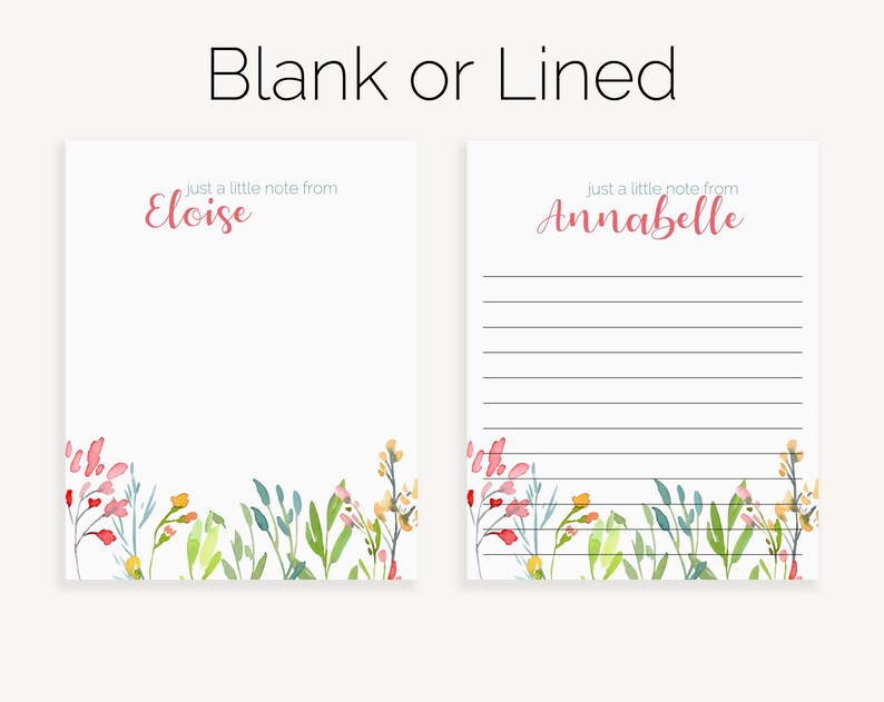 Puede incluir: Dos tarjetas de notas en blanco con bordes florales. La tarjeta de la izquierda est&aacute; en blanco. La tarjeta de la derecha tiene l&iacute;neas para escribir. El texto "just a little note from Eloise" est&aacute; en la parte superior de la tarjeta de la izquierda. El texto "just a little note from Annabelle" est&aacute; en la parte superior de la tarjeta de la derecha.