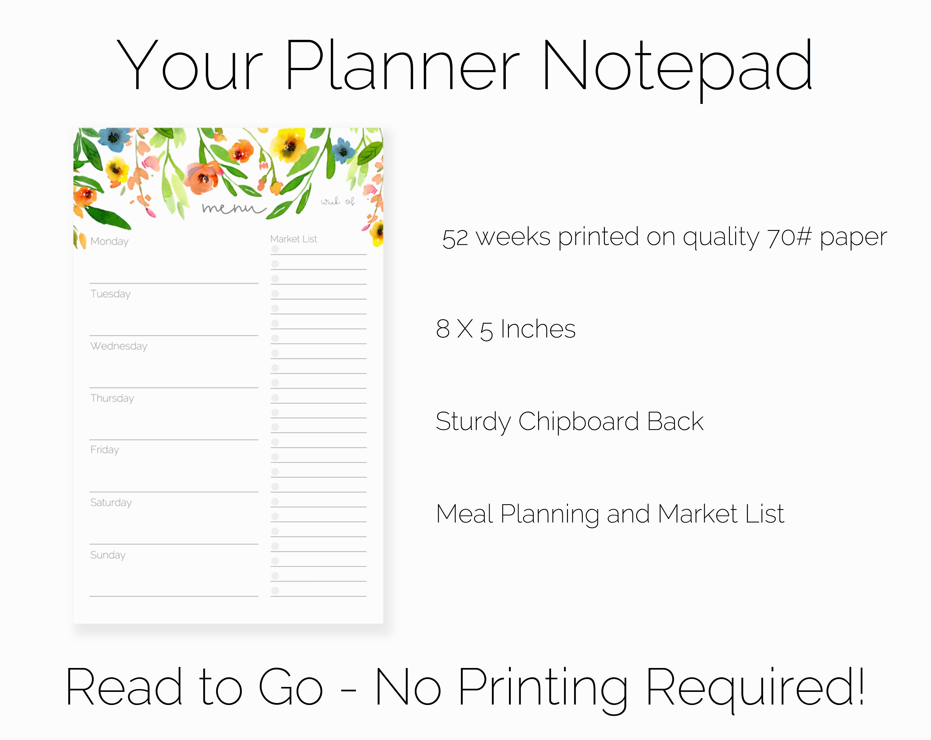 Weekly Meal Planner Notepad | Floral Menu Planner Notepad With Grocery ...