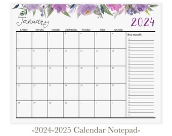 Purple Peony Floral Calendar Notepad | Magnetic Calendar for Fridge | Desk Calendar 2024 | 2024 Calendar | Monthly Calendar With Checklist