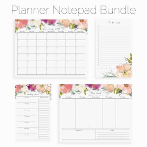 Pastel Garden Weekly Planner Notepad Bundle | Gift Set of Notepads with 2021 Calendar, Weekly Planner, Meal Planner, and Lined To Do List