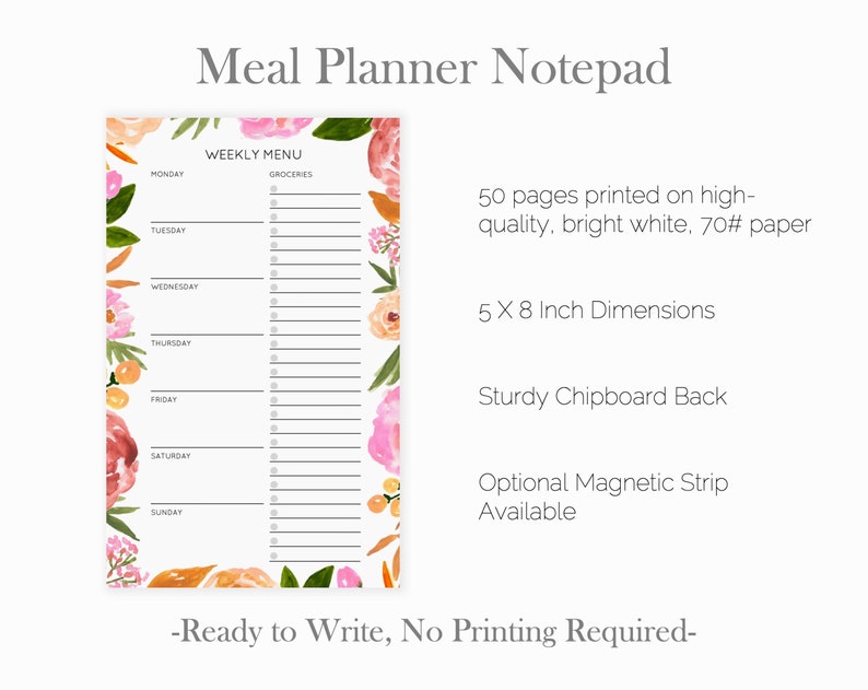 Weekly Meal Planner Notepad Pink Floral Menu Planner Pad | Etsy