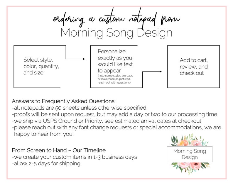 May include: A guide to ordering custom notepads from Morning Song Design. The guide outlines the steps involved in selecting a style, color, quantity, and size, personalizing the text, adding the notepad to the cart, reviewing the order, and checking out. The guide also includes frequently asked questions and a timeline for creating and shipping custom notepads.