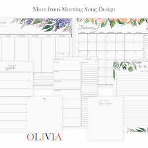 May include: A set of printable planner pages with floral designs. The pages include a weekly planner, a monthly calendar, a to-do list, and a meal planner. The pages are designed in a watercolor style with pink, green, and purple flowers.