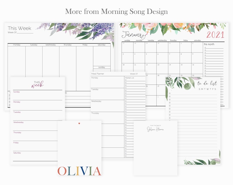 May include: A set of printable planner pages with floral designs. The pages include a weekly planner, a monthly calendar, a to-do list, and a meal planner. The pages are designed in a watercolor style with pink, green, and purple flowers.