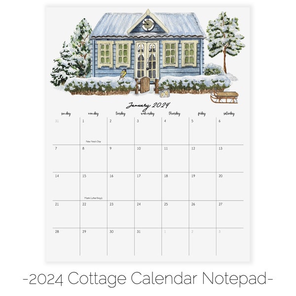 2024 Cottage Calendar Notepad | Cottagecore Calendar | Watercolor Houses Calendar | 8 x 10 Magnetic Calendar for Fridge | Desk Calendar 2024