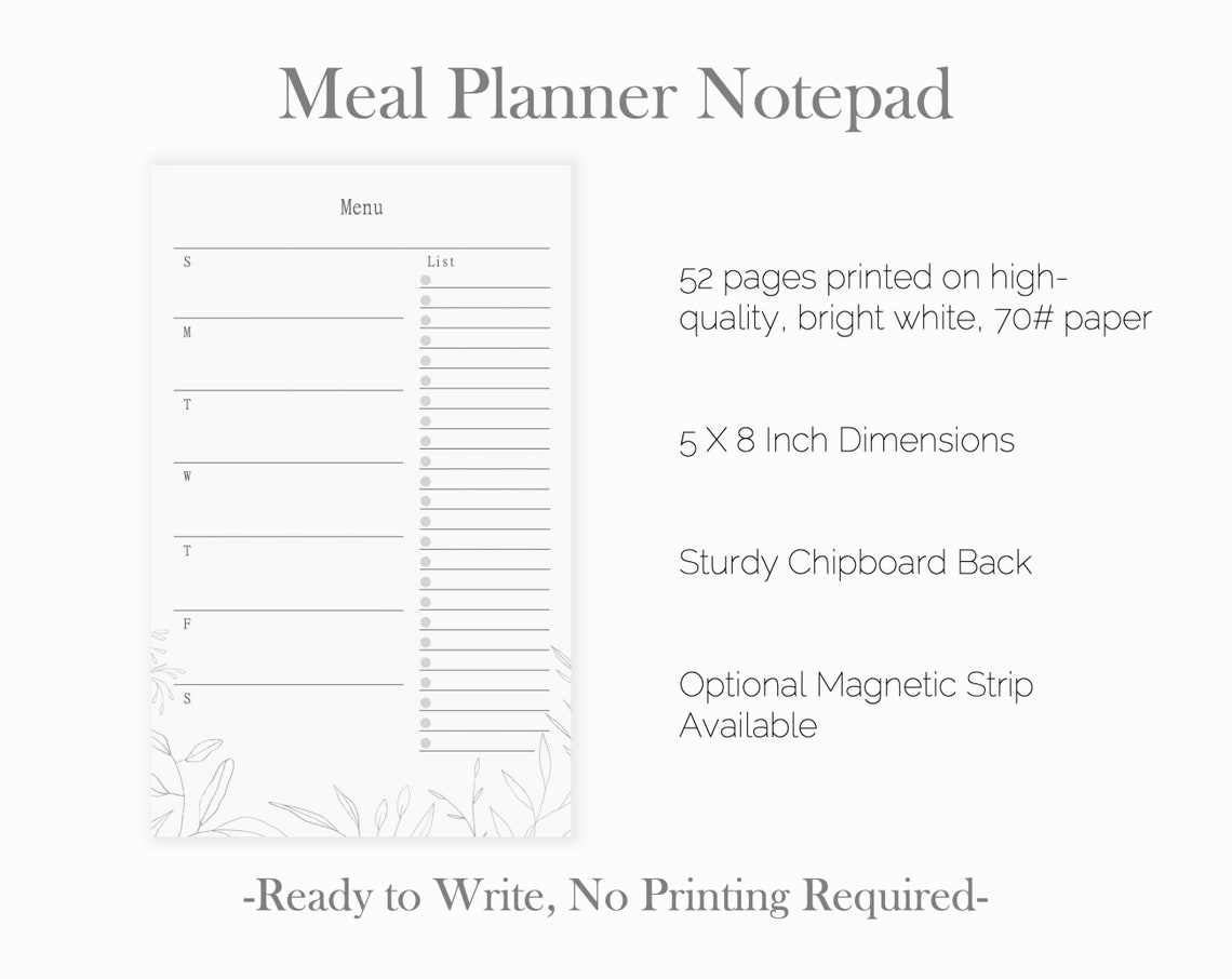 Modern Floral Weekly Meal Planner Notepad Botanical Magnetic | Etsy