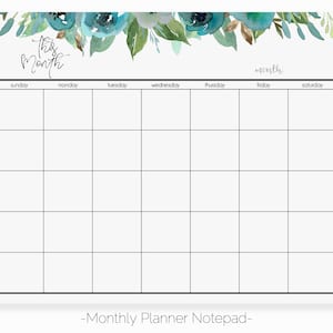 Blue Flower Monthly Planner Notepad | 2023 Monthly Planner | Undated Monthly Calendar | Blue Floral Planner Notepads | Monthly Meal Planner