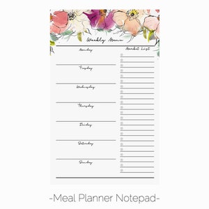 Bloc de notas del planificador de comidas del jardín pastel / Bloc de notas del planificador magnético floral / Planificador de comidas familiares / Almohadilla del planificador de flores / Lista de comestibles del planificador de comidas