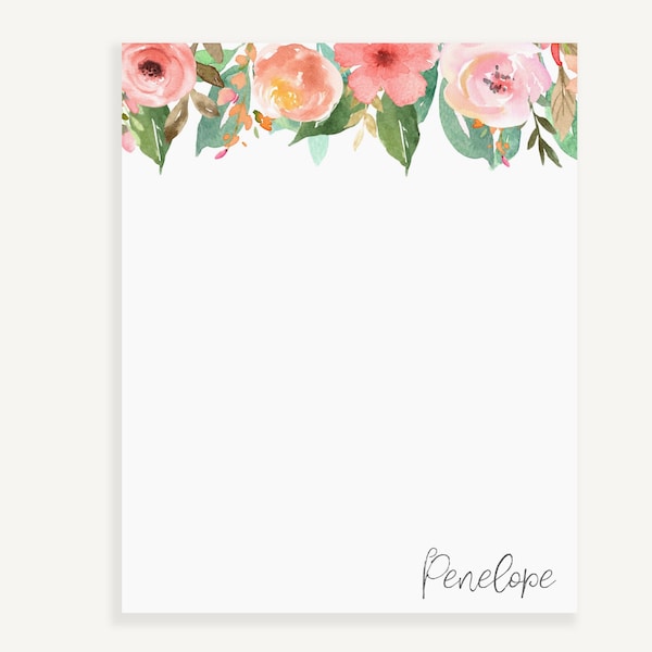 Pink Floral Personalized Notepad | Pink Flowers Custom Notepad | Blank Lined Memo Pad | Pretty Customized Notepad with Handwritten Name Font