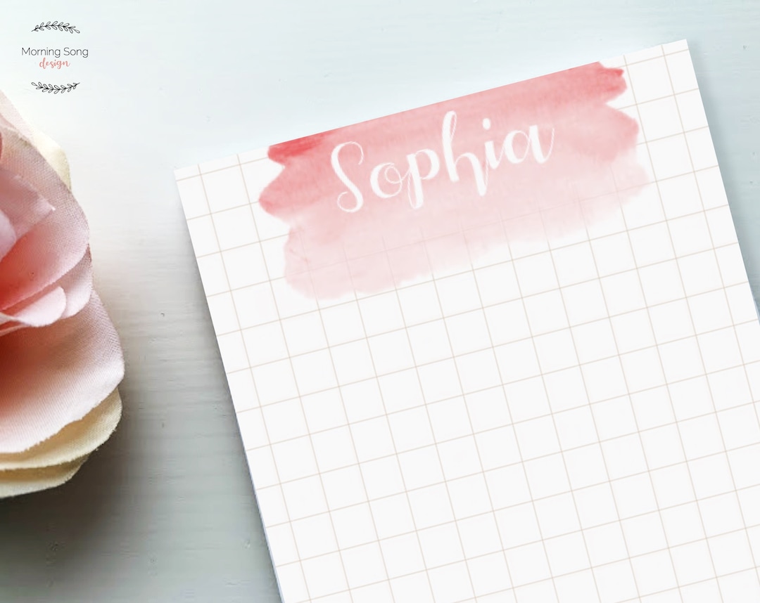 Personalized Name Grid Notepad | Watercolor Pink Custom Notepad ...