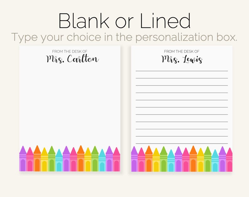 May include: Two blank note cards with a colorful crayon border. The top card is blank and says "From the desk of Mrs. Carlton". The bottom card has lines and says "From the desk of Mrs. Lewis".