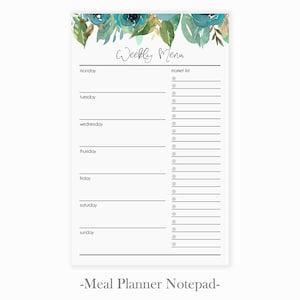 Bloc de notas del planificador de comidas semanales de flores azules / Bloc de notas del planificador de menús florales con lista de compras de comestibles / Bloc de notas de planificación de comidas / Libro de planificación de comidas