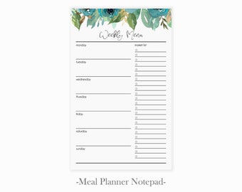 Blue Flowers Weekly Meal Planner Notepad | Floral Menu Planner Pad with Grocery Shopping List | Meal Planning Notepad | Meal Planning Book