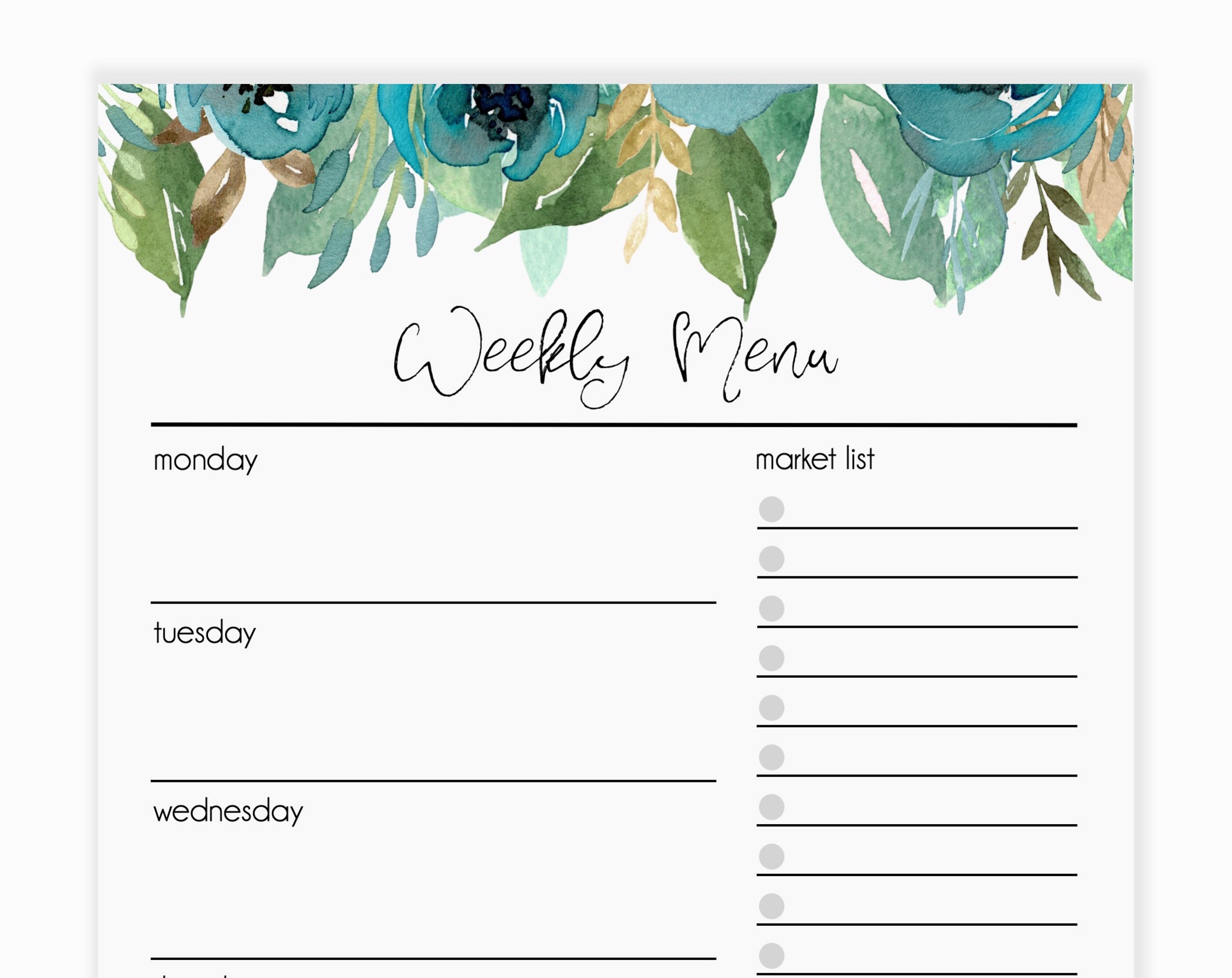 Blue Flowers Weekly Meal Planner Notepad | Floral Menu Planner Pad With ...