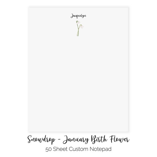 Snowdrop Notepad January Birth Month Flower | January Birthday Gift | Flower Girl Personalized Notepad With Name | Customized Floral Notepad