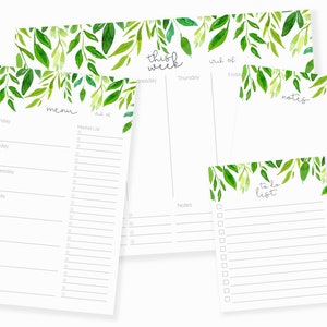 Weekly Planner Notepad Bundle | Notepad Set with Weekly Plan, Meal Planner, Lined To Do List, and Blank Notepad | Simple Green Leaves Design