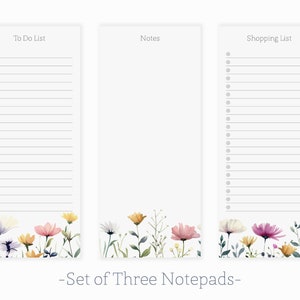 Könnte beinhalten: Set aus drei Notizblockseiten mit floralen Rändern. Die Notizblöcke sind mit "To Do List", "Notes" und "Shopping List" beschriftet.