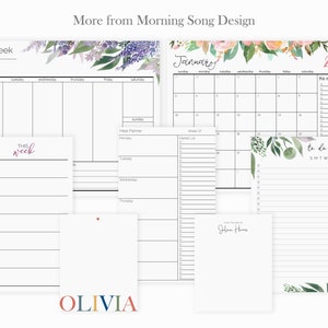 May include: A set of printable planner pages with floral designs. The pages include a weekly planner, a monthly calendar, a meal planner, a to-do list, and a notes page. The pages are designed in a watercolor style with pink, green, and purple flowers.