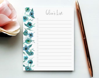 Personalized To Do List Blue Floral Notepad | Custom Planner with Check Boxes | Personal Productivity Desk Pad | Pretty Blue Flowers To Do