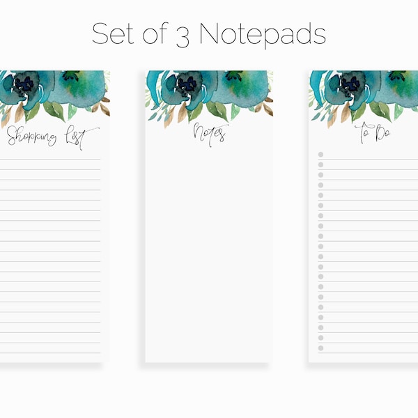 Blue Flower Small Notepad Set of 3 | To Do List Desk Pad | Magnetic To Do List Notepad | Grocery List | Shopping List | To Do List Memo Pad