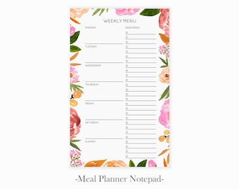 Weekly Meal Planner Notepad | Pink Floral Menu Planner Pad Grocery List | Meal Planning Notepad | Meal Prep Planner Notepad | Gift for Mom