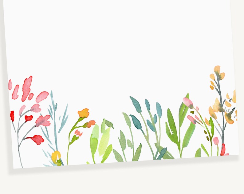 Puede incluir: Pintura acuarela de un borde de flores rosas, naranjas y amarillas con hojas verdes sobre un fondo blanco.