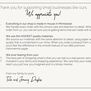 May include: A thank you note from a small business in Minnesota. The note expresses gratitude for supporting small businesses and highlights the use of high-quality materials and personalized customer service. The note is signed by Tala and Jeremy Douglas.