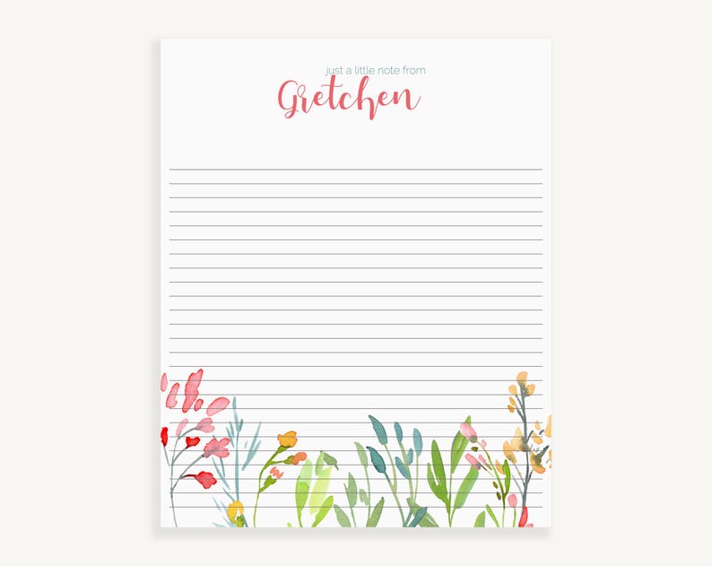 Puede incluir: Un bloc de notas con l&iacute;neas y un borde floral. La parte superior del bloc de notas dice "Just a little note from Gretchen".