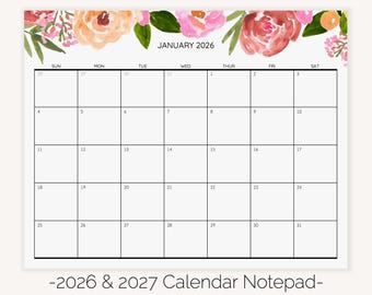 Floral 2026-2027 Calendar Notepad | Desk or Wall Planner | Magnetic Fridge Calendar for the School Year