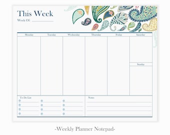 Weekly Planner Pad | Paisley Weekly Desktop Planner | Student Planner Notepad | 2020 Weekly Planner Pages | Undated Planner Desk Pad | To Do