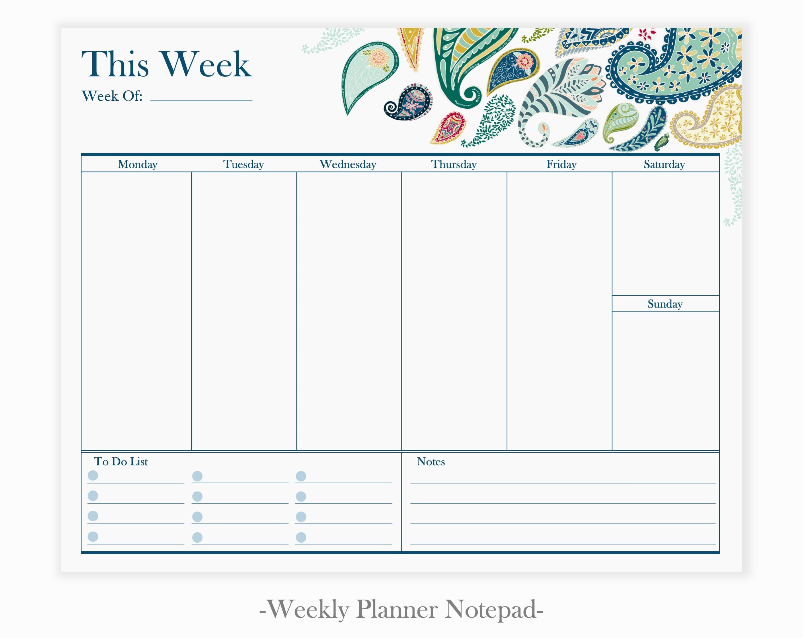 Weekly Planner Pad Paisley Weekly Desktop Planner Student Etsy