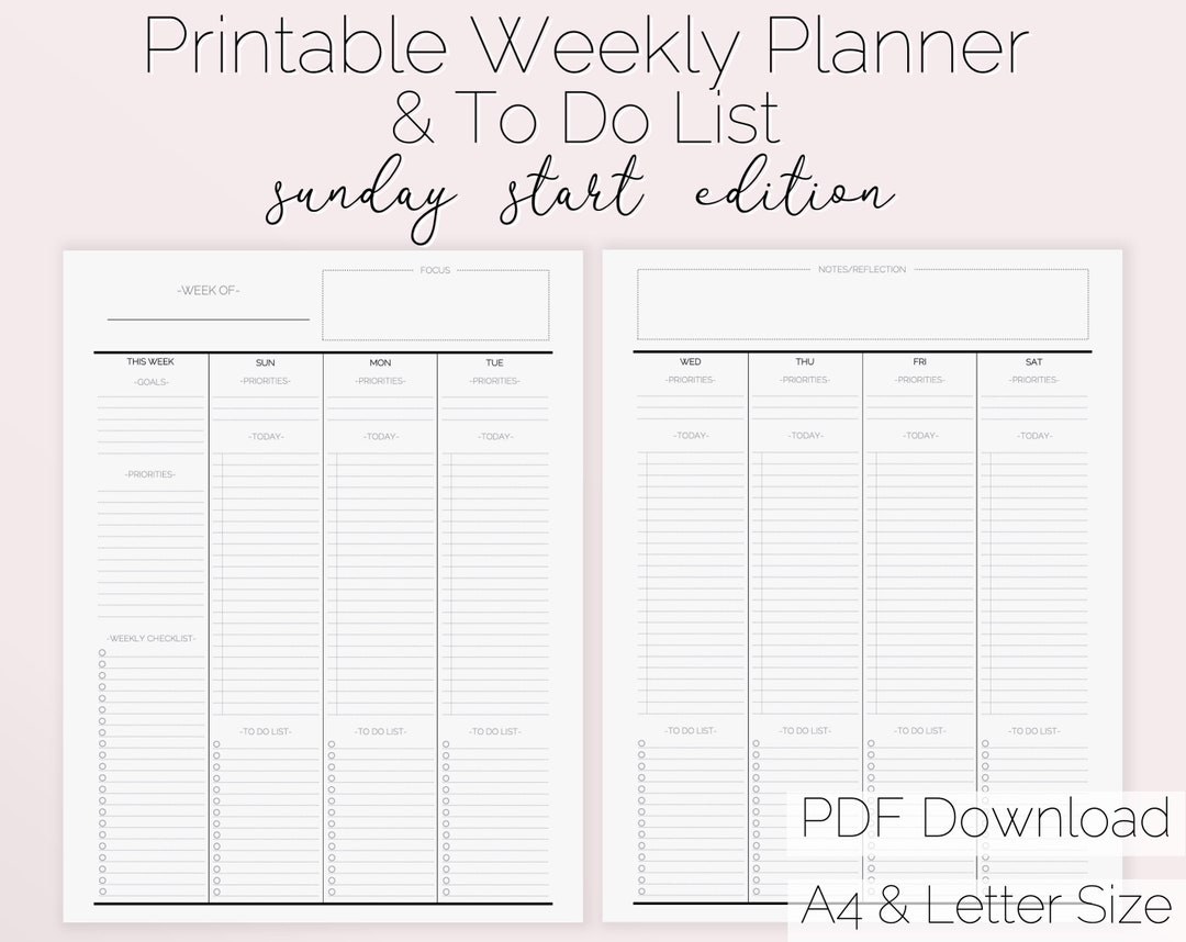 Weekly Planner PRINTABLE Sunday Start Weekly Planner - Etsy