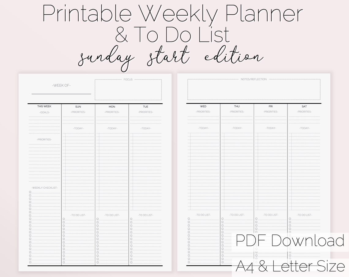 Weekly Planner PRINTABLE Sunday Start Weekly Planner - Etsy