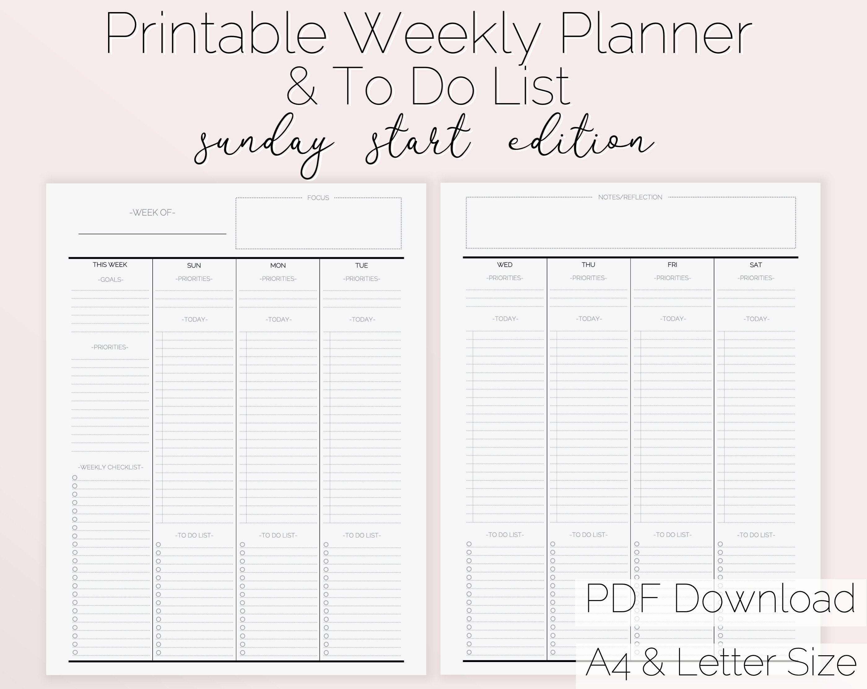 weekly planner printable sunday start weekly planner etsy