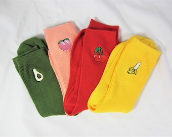 Cute Embroidered Fruit Avocado Peach Cherry Banana Design Women Double Needle Fashion Socks Made of Cotton