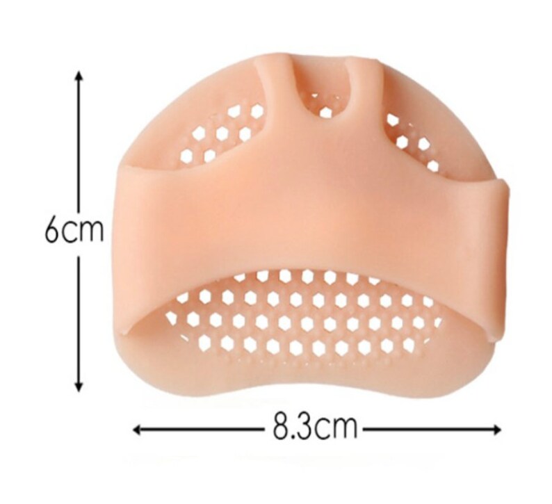 May include: A beige silicone foot pad with a honeycomb design and three toe separators. The pad measures 8.3 cm wide and 6 cm tall. The product is designed to cushion the ball of the foot.