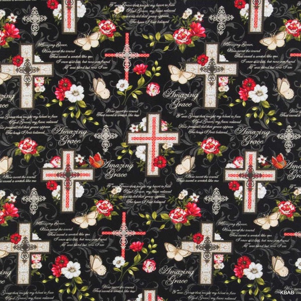 Amazing Grace Fabric, Religious Christian Black Fabric, Floral Cross Butterfly Fabric, Church Sunday School Faith Belief Cotton Fabric
