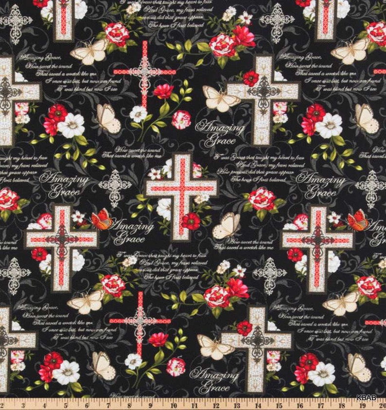 Amazing Grace Fabric Religious Christian Black Fabric Floral Etsy