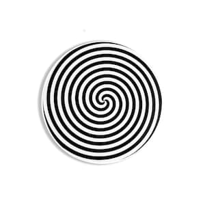 May include: Black and white spiral design on a white background. The spiral is a hypnotic optical illusion.