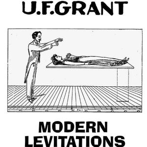 Pode incluir: Uma ilustração em preto e branco de um homem levitando uma mulher em uma mesa. A imagem é intitulada "U.F. GRANT MODERN LEVITATIONS".
